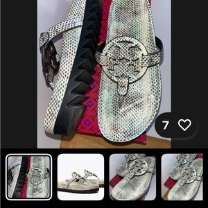 NWOB Tory Burch  Miller  Sandals Cloud Lug Stamped Snake Leather Blue Green